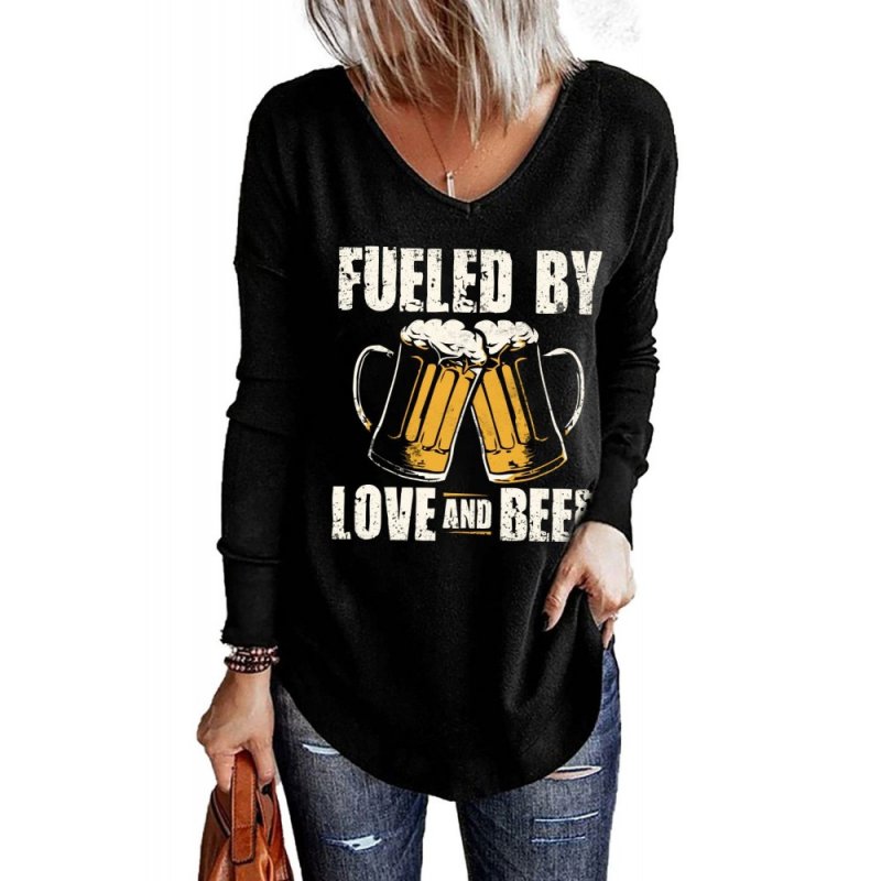 Black Beer Glass Letter Graphic Print Long Sleeve Top