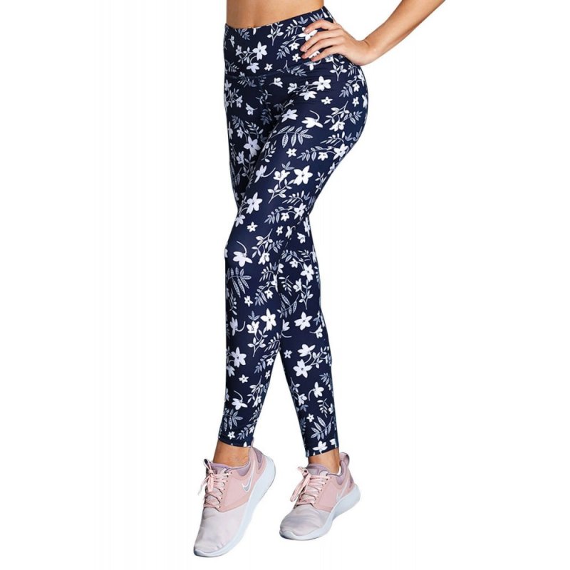 White Floral High Waist Yoga Leggings in Navy