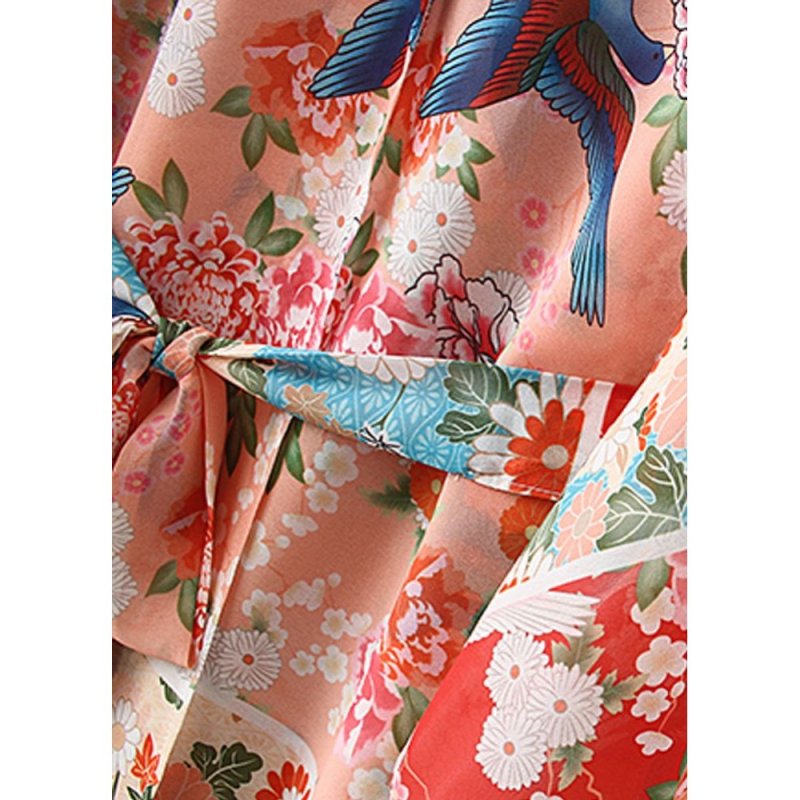 New Women Chiffon Kimono Cardigan Floral Print Long Sleeve Loose Outerwear Bikini Cover Up Orange