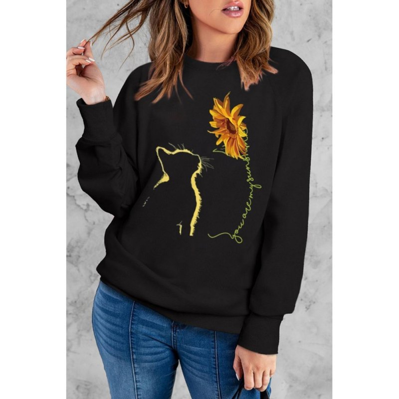 Black Sunflower and Cartoon Cat Graphic Women Sweatshirt