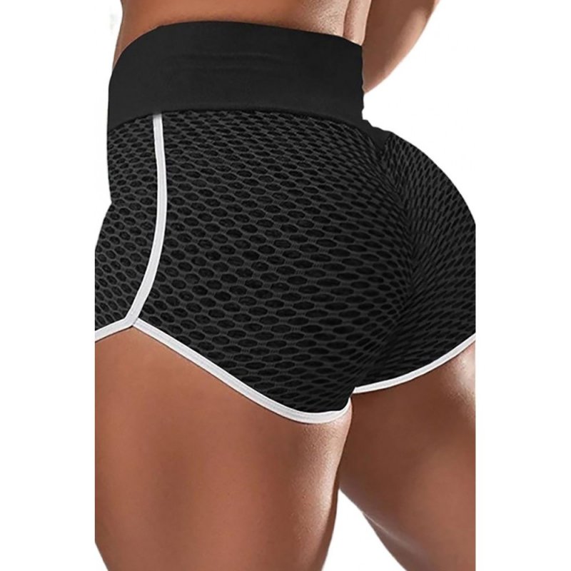 Black High Waist Honeycomb Contrast Stripes Butt Lifting Yoga Shorts