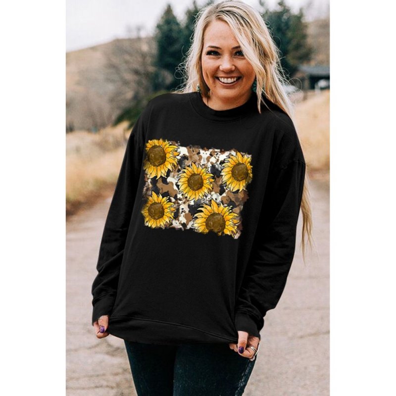 Sunflower Print Long Sleeve Pullover Sweatshirt