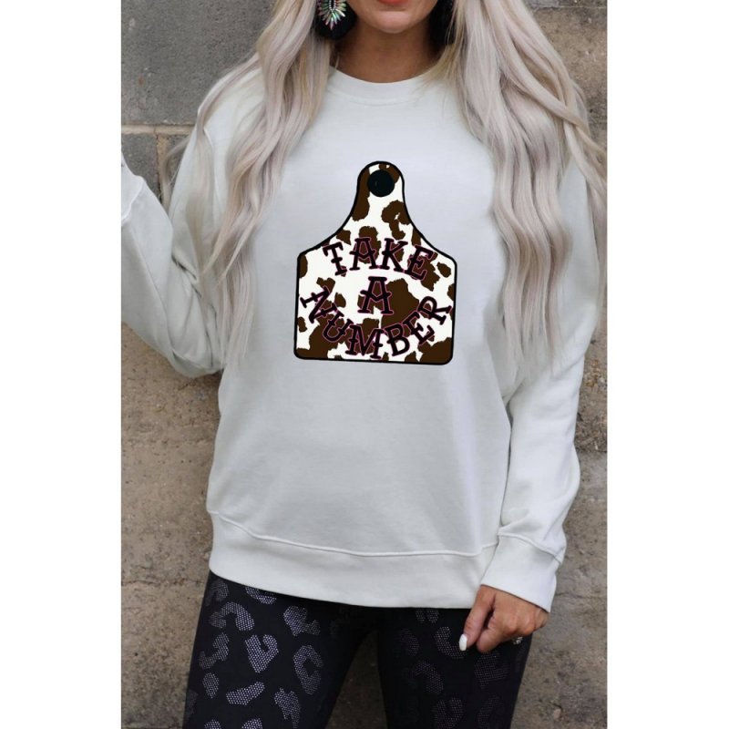 White Round Neck Print Long Sleeve Sweatshirt