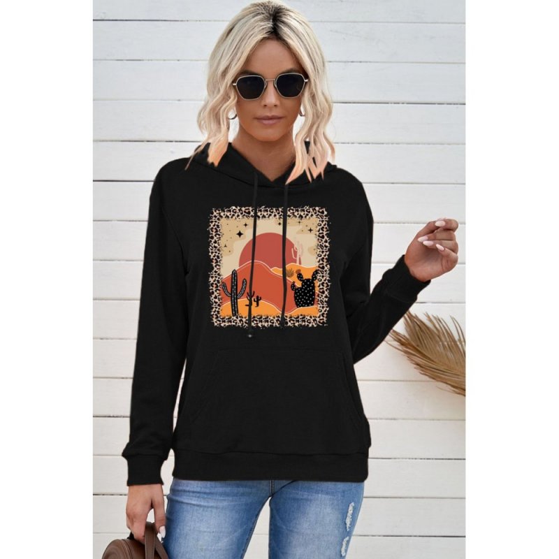 Black Western Leopard Desert Print Long Sleeve Sweatshirt