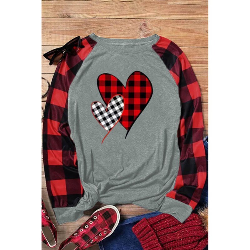 Plaid Heart Shape Print Color Block Long Sleeve Top