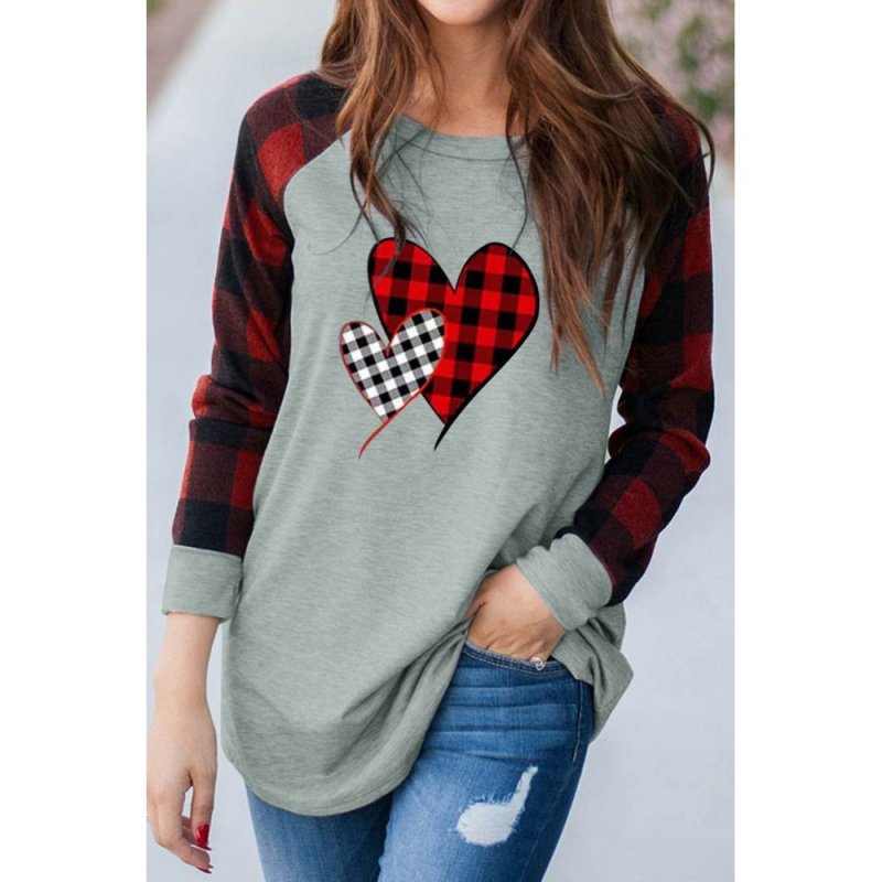 Plaid Heart Shape Print Color Block Long Sleeve Top