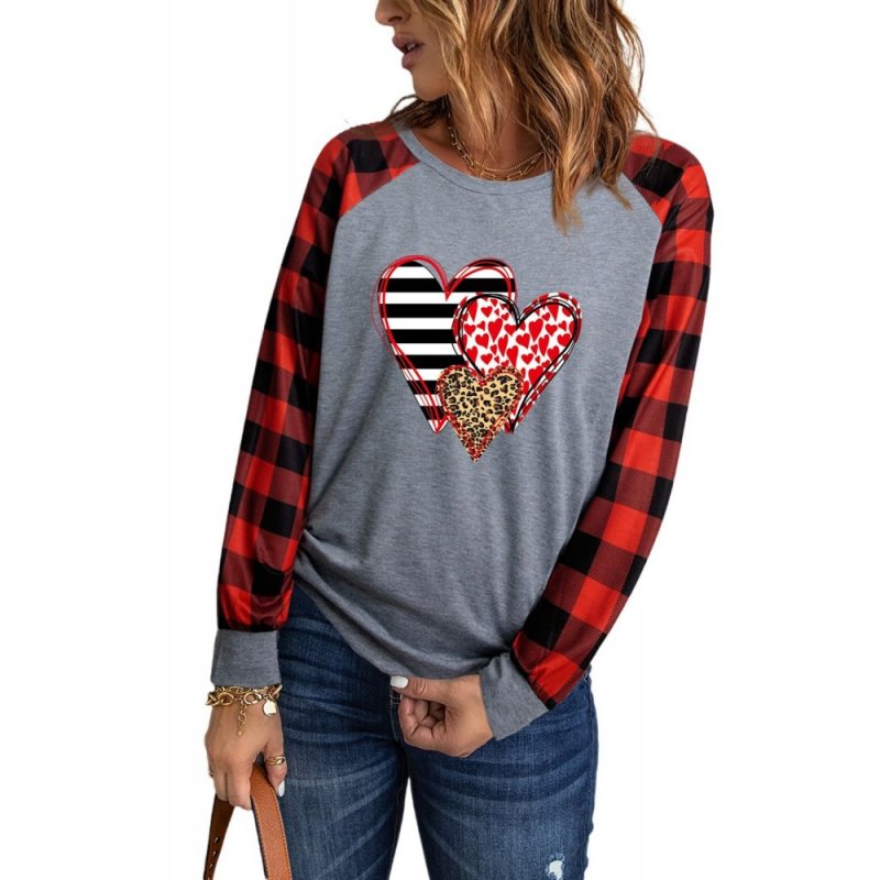 Gray Valentine Pattern Heart Print Plaid Long Sleeve Sweatshirt