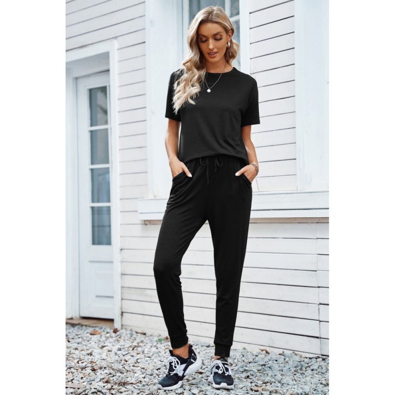 Black Cozy Cotton T-shirt Pants Set