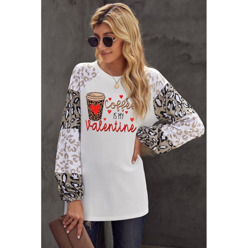 Coffee is My Valentine Graphic Print Leopard Long Sleeve Sweatshirt