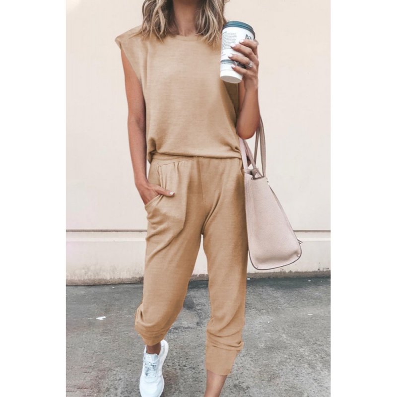 Apricot Casual Knitted Sleeveless and Pants Set