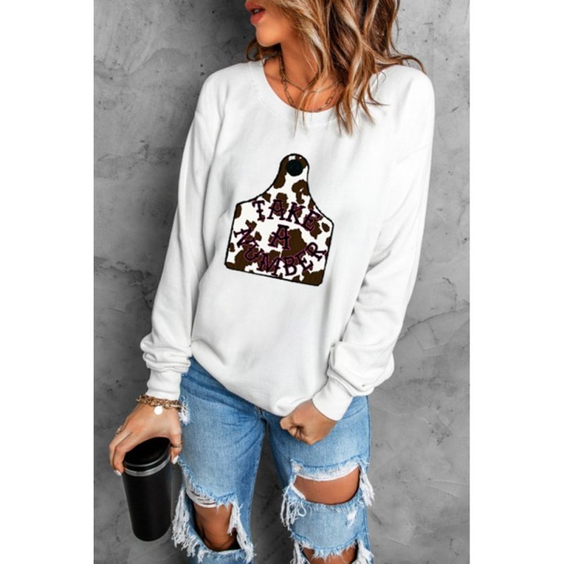 White Round Neck Print Long Sleeve Sweatshirt