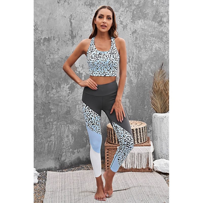 Gray Leopard Colorblock Splicing Sports Workout Tank and Leggings Set