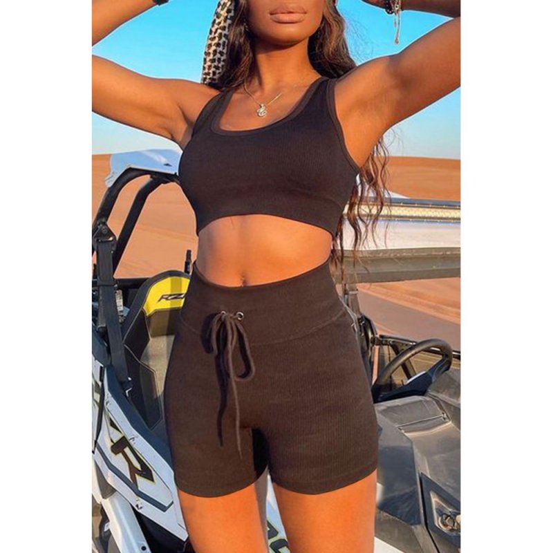 Black Ribbed Knit Sports Bra and High Waist Shorts Yoga Set