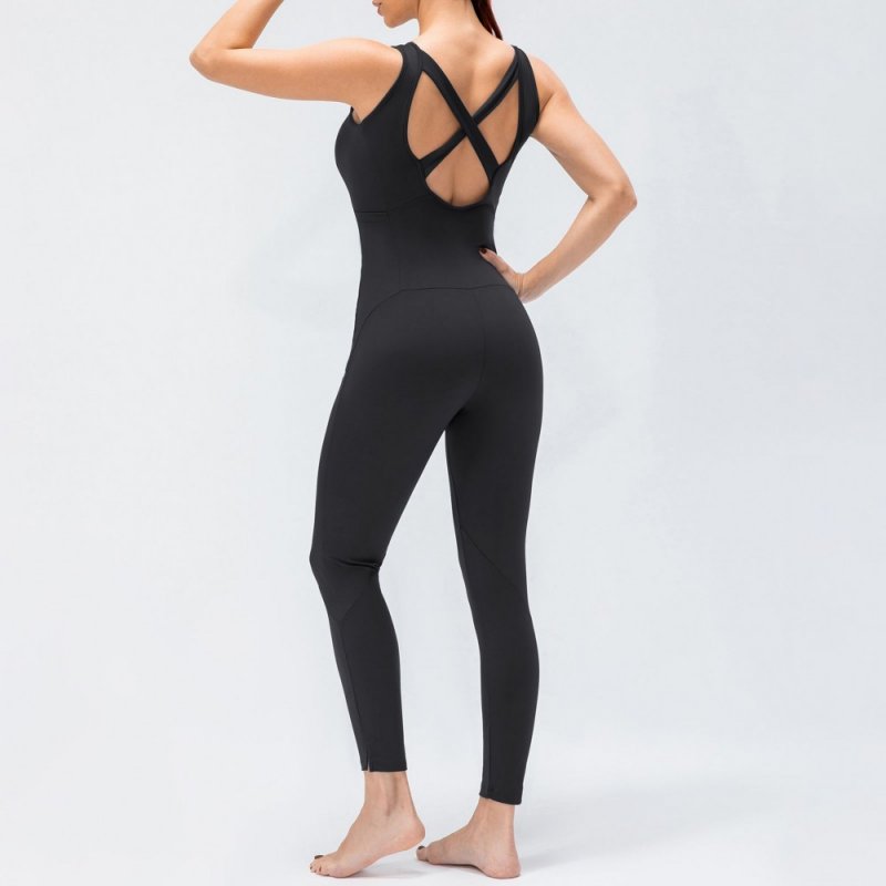 Women Yoga Jumpsuit with Pockets Sleeveless Leggings Open Back Fitness Workout Bodysuit Rompers