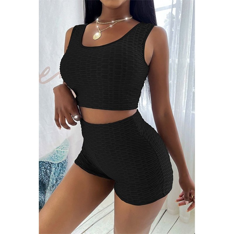 Black Bubble Texture U Neck Top & Shorts Set